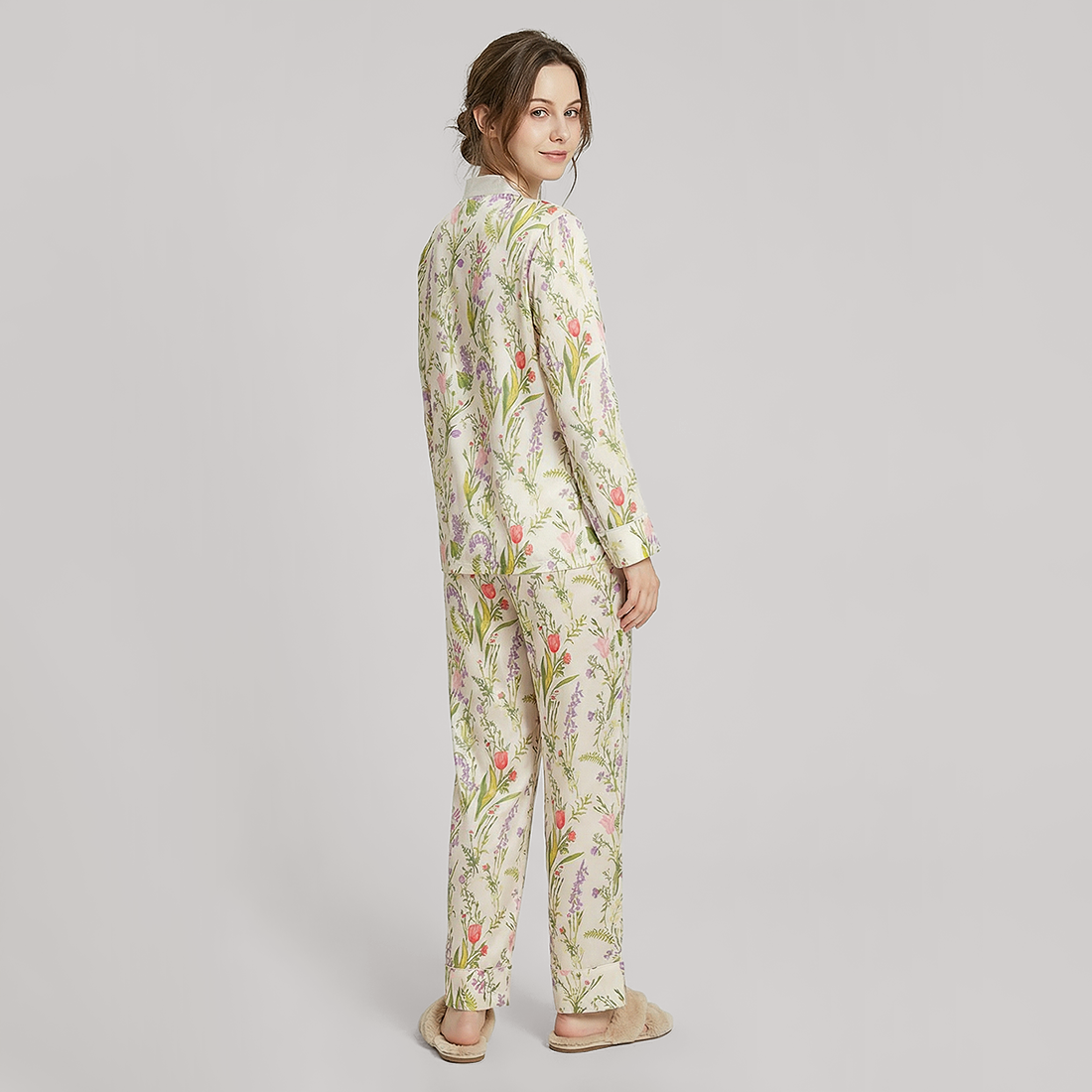 19 Momme New Chinese Style Silk Pajama Set - Floral Print Long Sleeve - Nomee