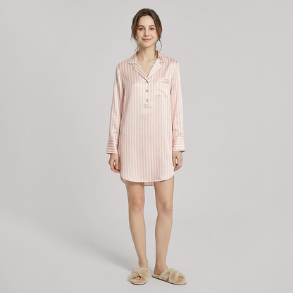 19 Momme Silk Shirt Dress - Long Sleeve Stripe Nightgown for Women - Nomee