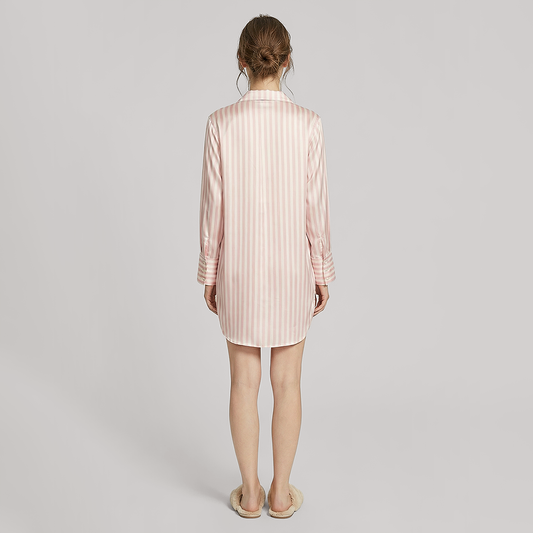 19 Momme Silk Shirt Dress - Long Sleeve Stripe Nightgown for Women - Nomee