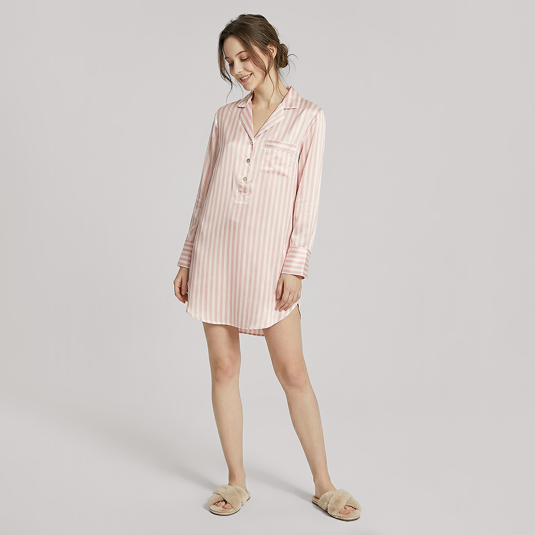 19 Momme Silk Shirt Dress - Long Sleeve Stripe Nightgown for Women - Nomee