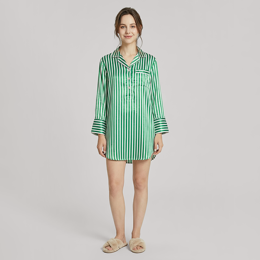 19 Momme Silk Shirt Dress - Long Sleeve Stripe Nightgown for Women - Nomee